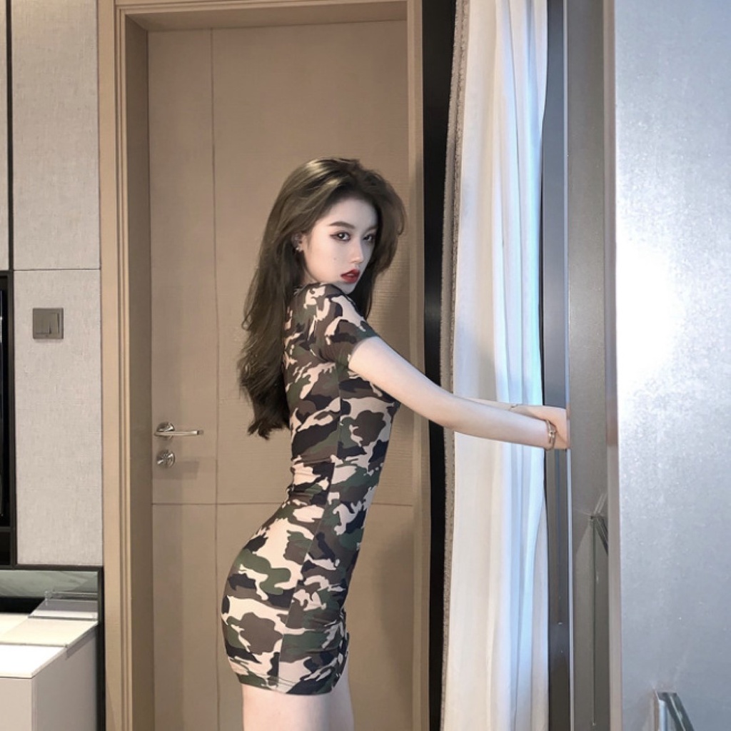 ✅ส่งไว✅สต็อกไทย มินิเดรส แฟชั่นลายพราง ผ้าสกูบ้าบาง