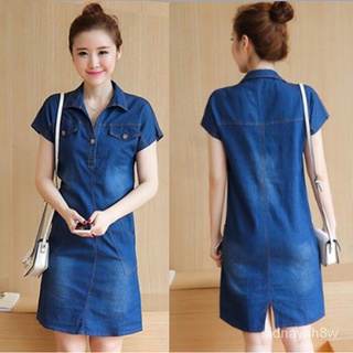 【QWร้านบูติก】5สีS-5XL ชุดเดรสยีนส์ขนาดใหญ่สำหรับผู้หญิง 35-105KGใหม่