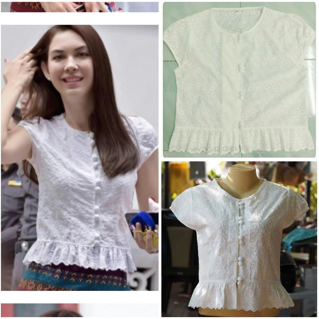 เสื้อลูกไม้ทรงแมท ภีรนีย์ เสื้อลูกไม้เบลล่าราณี สีดำ สีขาวและสีเหลือง
