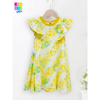 KiddeeCrew ชุดกระโปรงระบายแขน ลายปลากับพระจันทร์ สีเหลือง Yellow fish and moon print dress เหมาะสำหรับอายุ 2-10 ปี