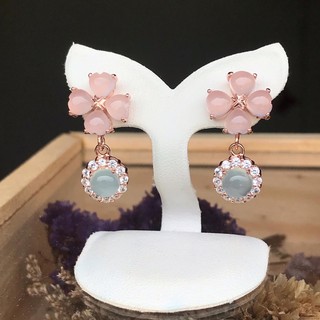 ต่างหูพลอย chalcedony สีชมพูและเขียวมิ้น ถอดแยกใส่ได้