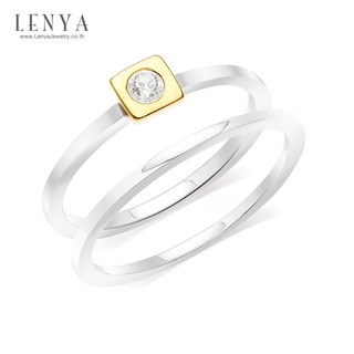 Lenya Jewelry แหวนเงินแท้ 925 ดีไซน์ 2 in 1 ชุปสองสี ตัวเรือนทองคำขาว กระเปาะชุปทอง 18เค ประดับ สวารอฟสกี้