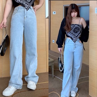 Jean Gril ฮยอนอากับกางเกงยีนส์เอวสูงหลุมหญิงฤดูร้อนความรู้สึกหลวมของการล้มกางเกงขากว้างตรงกางเกงขายาว น้ำเงิน