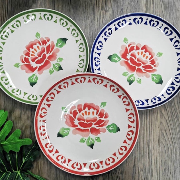 INDRA CERAMIC เซรามิกเข้าไมโครเวฟได้ จานกลมโค้ง 20 ซม. - 3 สี ลายดอกถาดวินเทจ