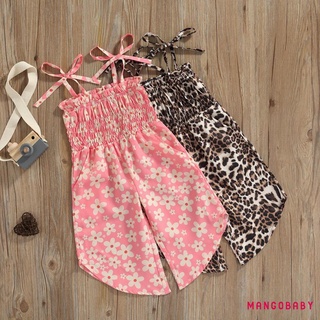 MG-Girls Jumpsuit Leopard/Floral Print Pleated Double Sides Tie Suspender Summer Princess Bodysuit