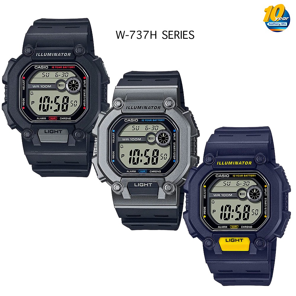 นาฬิกาข้อมือ Casio Standard men 10th year Battery สายเรซิ่น รุ่น W-737H W-737HX Series W-737H-1A W-7