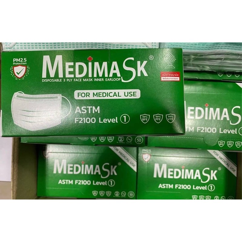 medimask สีเขียวงานไทยวัศดุทางการแพทย์ กล่องละ50ชิ้น พร้อมส่ง ของแท้ ผลิตในไทย