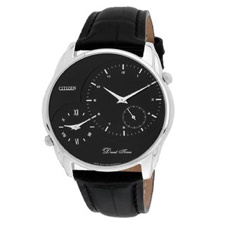 CITIZEN Analog Black Dial Duo Time Mens Watch - AO3009-04E - สายหนังสีดำ / Silver