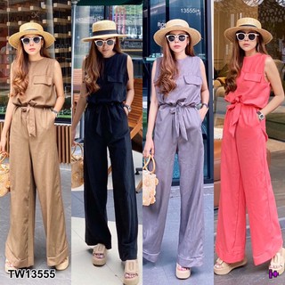 ❤️TW13555 Jumpsuit จั๊มสูทขายาว คอกลมแขนกุด ดีเทลกระเป๋าหลอกช่วงอก ปลายขาเย็บเบิ้ล มีกระเป๋าสองข้าง