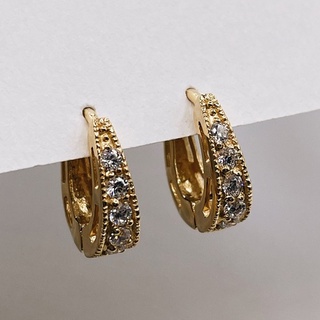 Classic Pavé CZ Huggies, 18K Gold Plated Sterling Silver Earrings E0140 | เงินแท้ 925 ชุบทองเเท้ 18 กะรัต