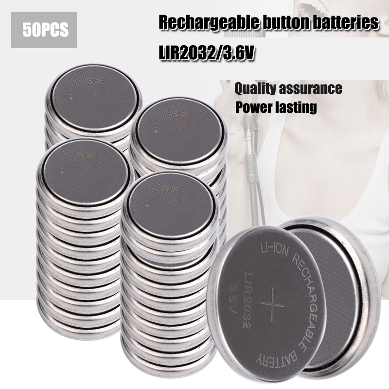 New! 50pcs/lot LIR2032 3.6V Li-on Rechargeable Button Coin Cell Battery Can Replace CR2032 for watch