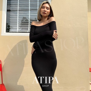 Atipashop - Kylie dress ชุดเดรส เดรสยาว ทรงเปิดไหล่ ผ้าหน้า เก็บทรงมาก