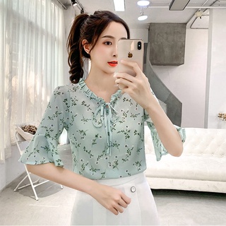 Blouse tops Shirt Short Sleeve Ruffle sleeve pleated collar Floral Print Chiffon shirt elegant casual top