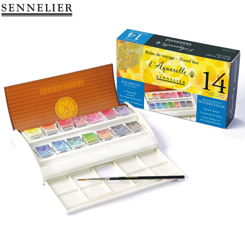 Sennelier ชุดสีน้ำก้อน 14 สี + พู่กันขนเซเบิล # N131654