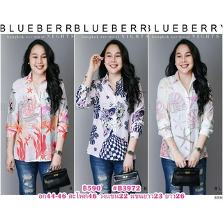 (อก46) B3972 BLUEBERRY NIGHTS เสื้อเชิ้ตแขนยาว พิมพ์ลาย ผ้าโพลีเอสเตอร์ผสมชีฟองเนื้อนุ่ม พิมพ์ลายทั้งตัวสวยคมชัดเกรด