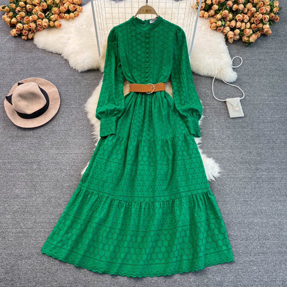 popular new retro printing crew neck horn sleeve dress women's single-breasted big pendulum irregular pleated long dress