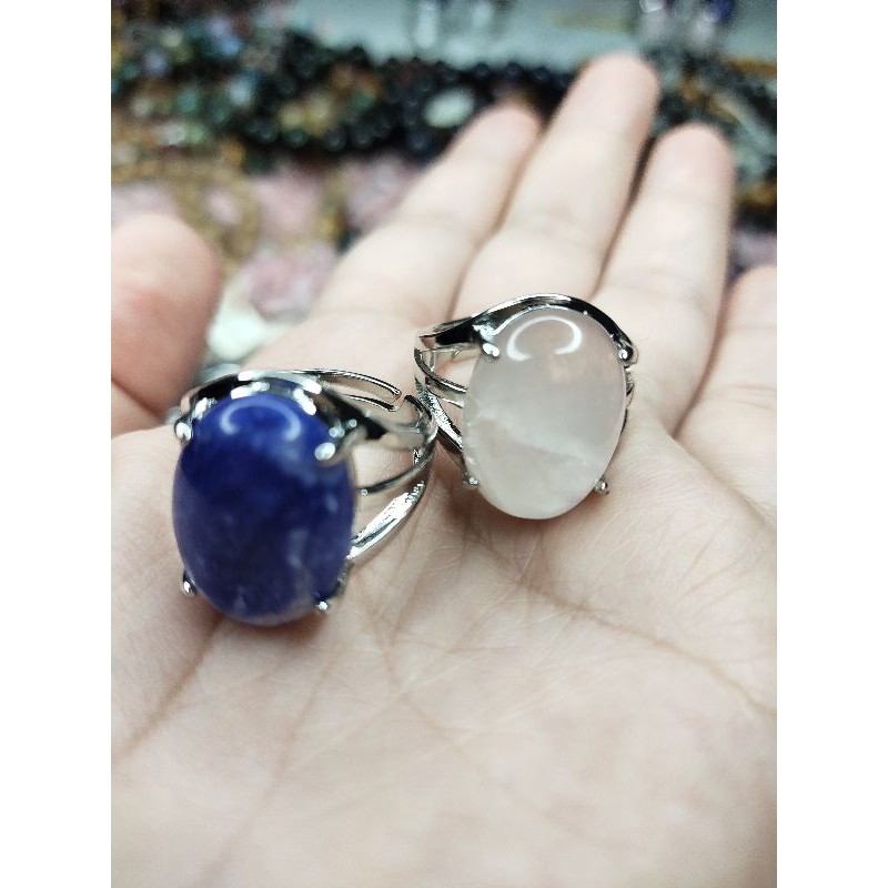 แหวนปรับหินธรรมชาติควอตซ์ใส Rose Quartz Sodalite Lapis Lazuli aloy แหวนเงิน