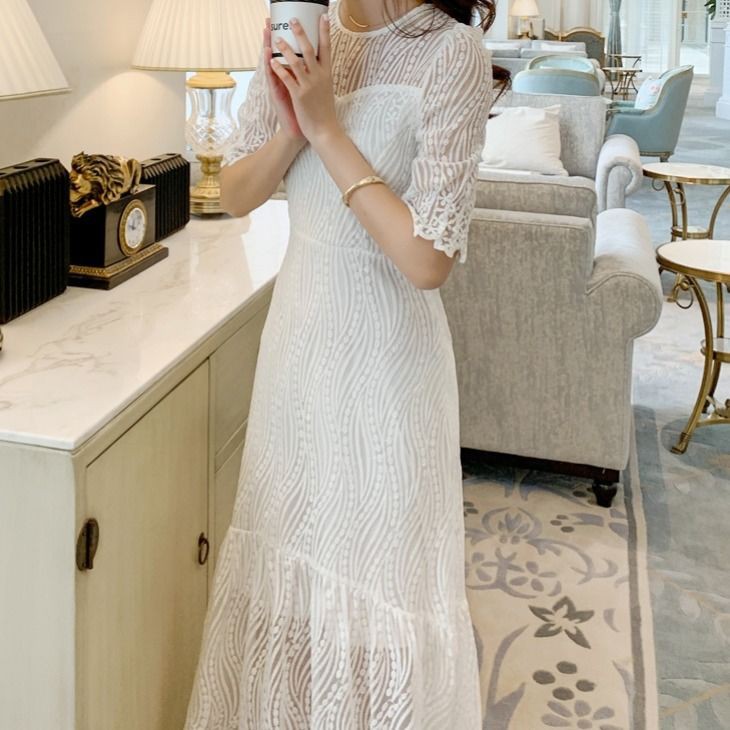 Hot sale # Strong texture jacquard white lace dress female 2021 new super fairy bubble sleeve long skirt #4