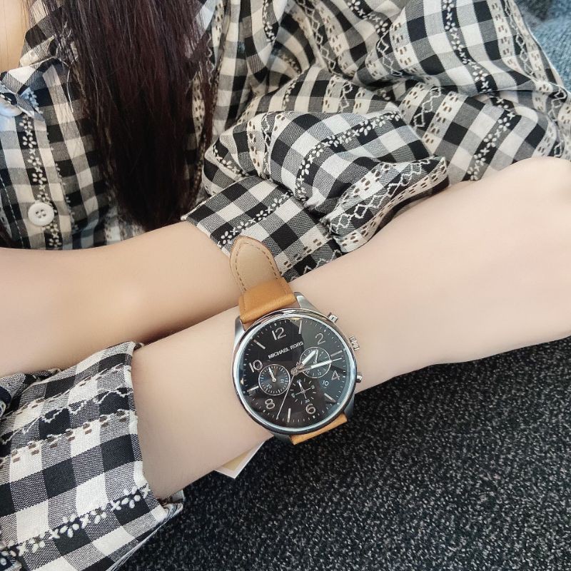 🎀 (สด-ผ่อน) นาฬิกา MK ผู้ชายสายหนัง สีน้ำตาล หน้าปัดดำ MK8661 Merrick Chronograph Quartz Black Dial 