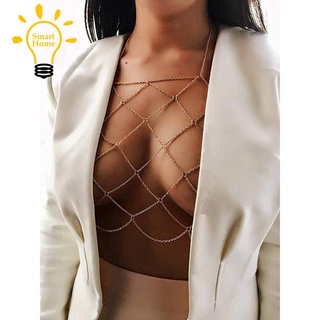 Womens Halterneck Mesh Body Chain Bralette Bikini Bra Necklaces Stomachers（Gold）