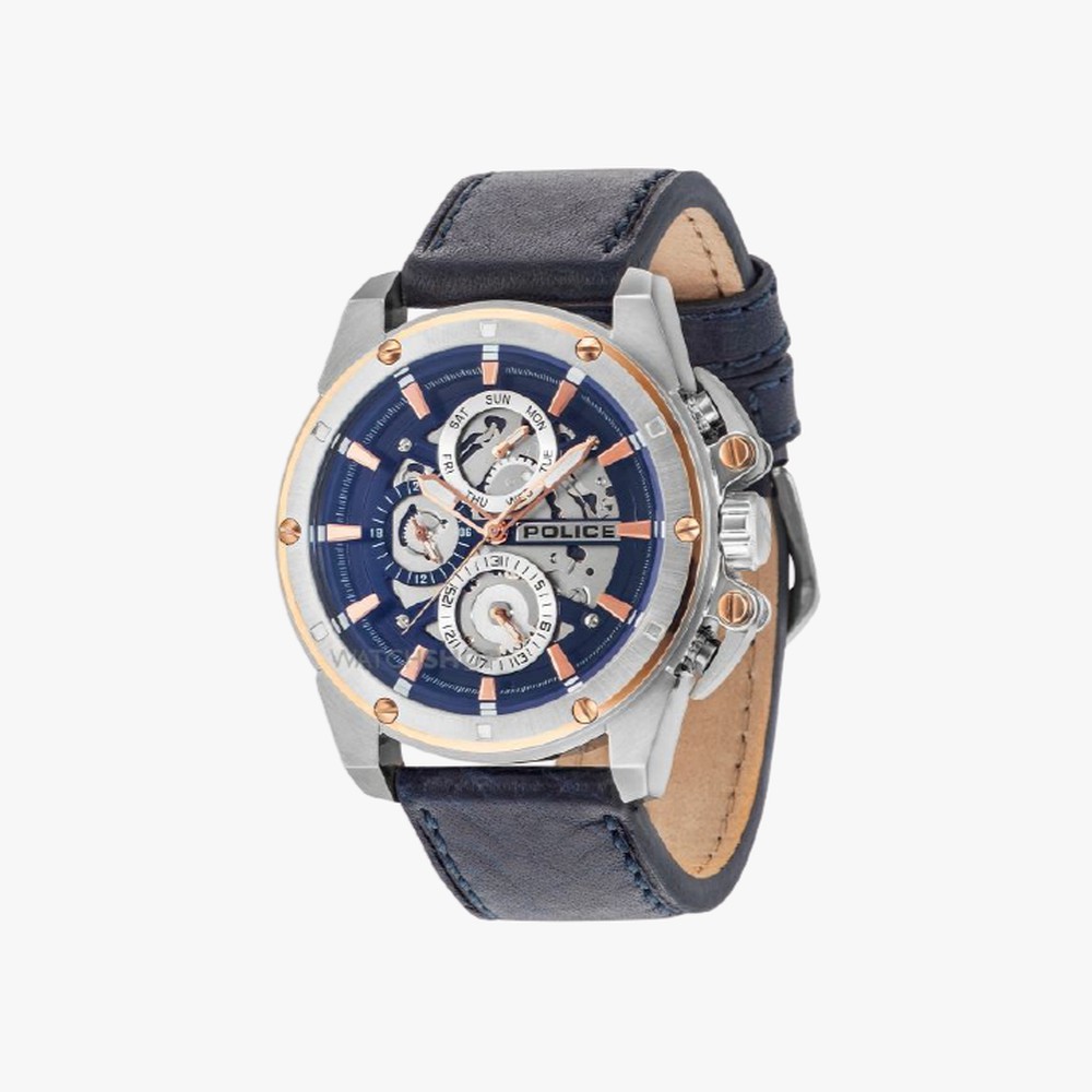 Police นาฬิกาข้อมือผู้ชาย Police Navy Blue Leather Multi-function Splinter watch รุ่น PL-14688JSTR/03