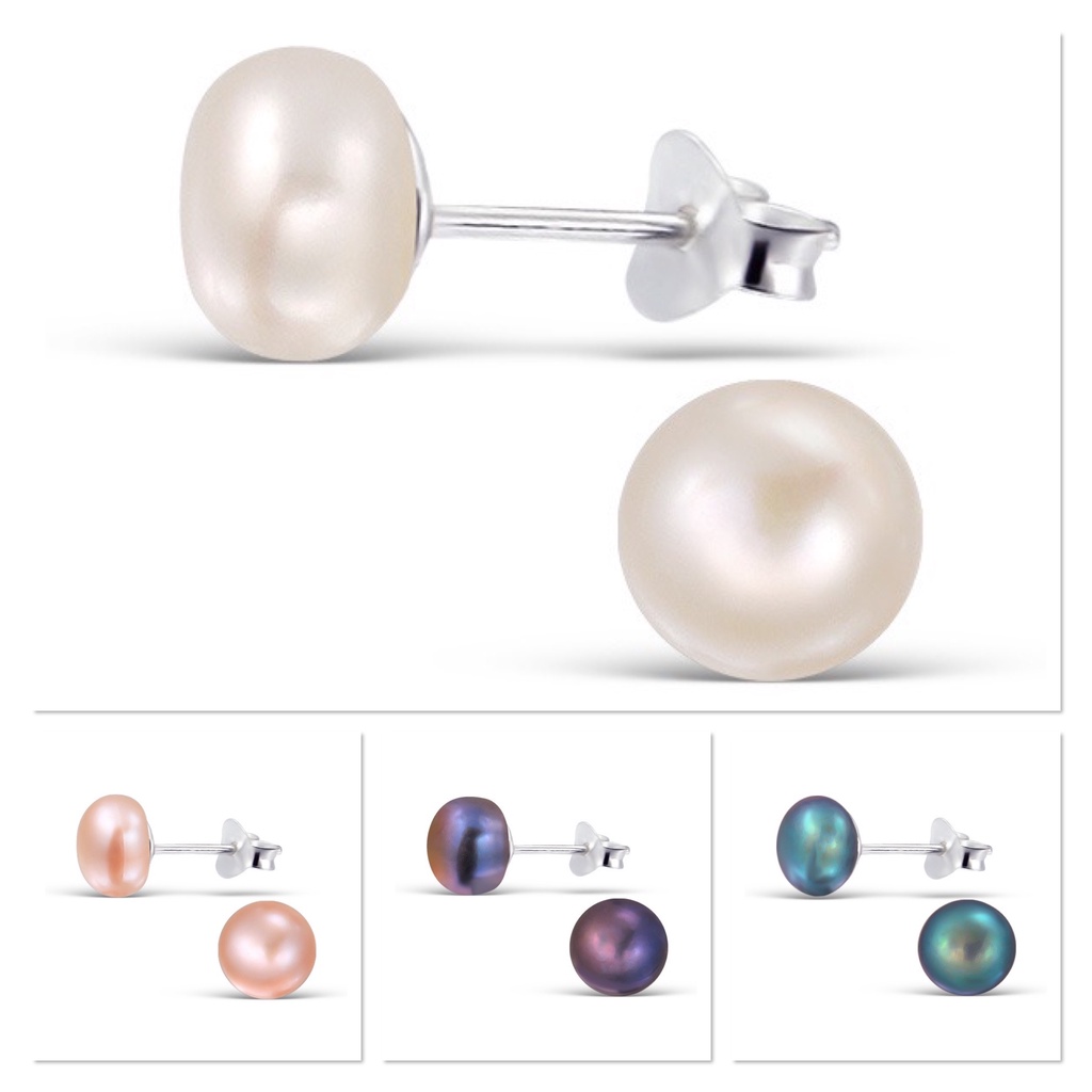 SILVER THAI ต่างหูเงินแท้ มุกน้ำจืด ก้านงินแท้ Sterling silver freshwater pearl stud earrings (เขียว/ขาว/ม่วง/ชมพู)