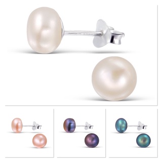 SILVER THAI ต่างหูมุกน้ำจืด ก้านงินแท้ Sterling silver freshwater pearl stud earrings (เขียว/ขาว/ม่วง/ชมพู)