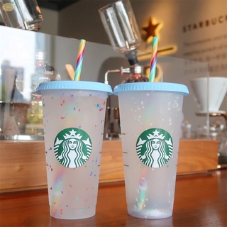 700ml Starbucks Transparent color + rainbow straw Plastic Straw Cup With Lid