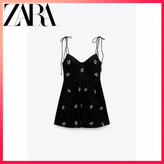 Zara ใหม่ ชุดเดรส ปักลายดอกไม้ ประดับโบว์ สีตัดกัน