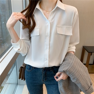 เสื้อเชิ้ตแขนยาว คอวี ผ้าชีฟอง สีพื้น สไตล์ตะวันตก แฟชั่นนักธุรกิจ สําหรับผู้หญิง 2022