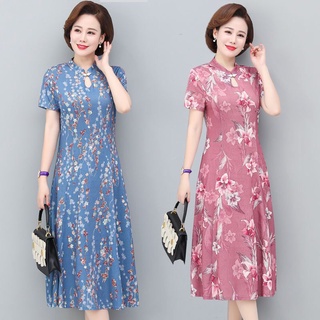 เดรส   ;ชุดเดรส✁✇✾ชุดฤดูร้อนของแม่ใหม่ cheongsam คอชุดวัยกลางคนและผู้สูงอายุสุภาพสตรี plus ขนาดยืดหยุ่นเข่า-ความยาวขนาดเ