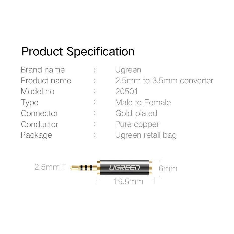 UGREEN รุ่น 20501 2.5mm Male to 3.5mm Female Stereo Audio Headphone Adapter Connector Converter For iPhone Mobile Phone