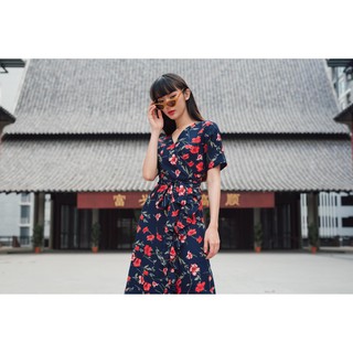 YY015-FRONTNINE DRESS เดรสแขนสั้นทรงป้าย ระบายชายกระโปรง ใส่แล้วผอมสูงจ้า (มีภาพถ่ายจริง) SIZE L