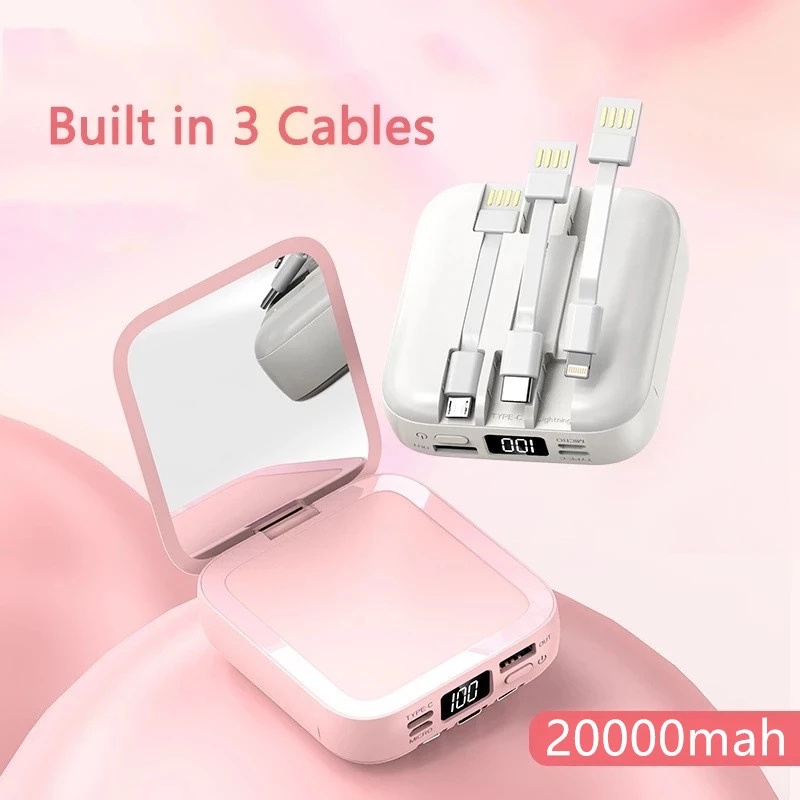 Mini Power Bank 20000mAh 10000mAh Built in Cable USB Type C Powerbank with Makeup Mirror For iPhone 12 Xiaomi Powerbank