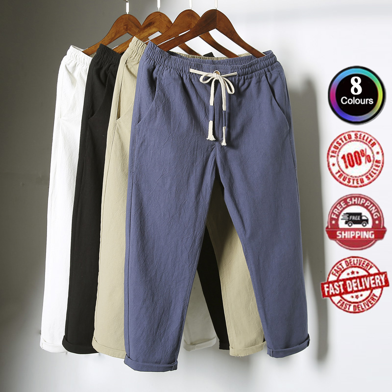 M-5xXL กางเกงข้อเท้าสไตล์เกาหลีสำหรับผู้ชาย ทำจากผ้าลินิน สบาย ๆ และมีสไตล์Slim fit