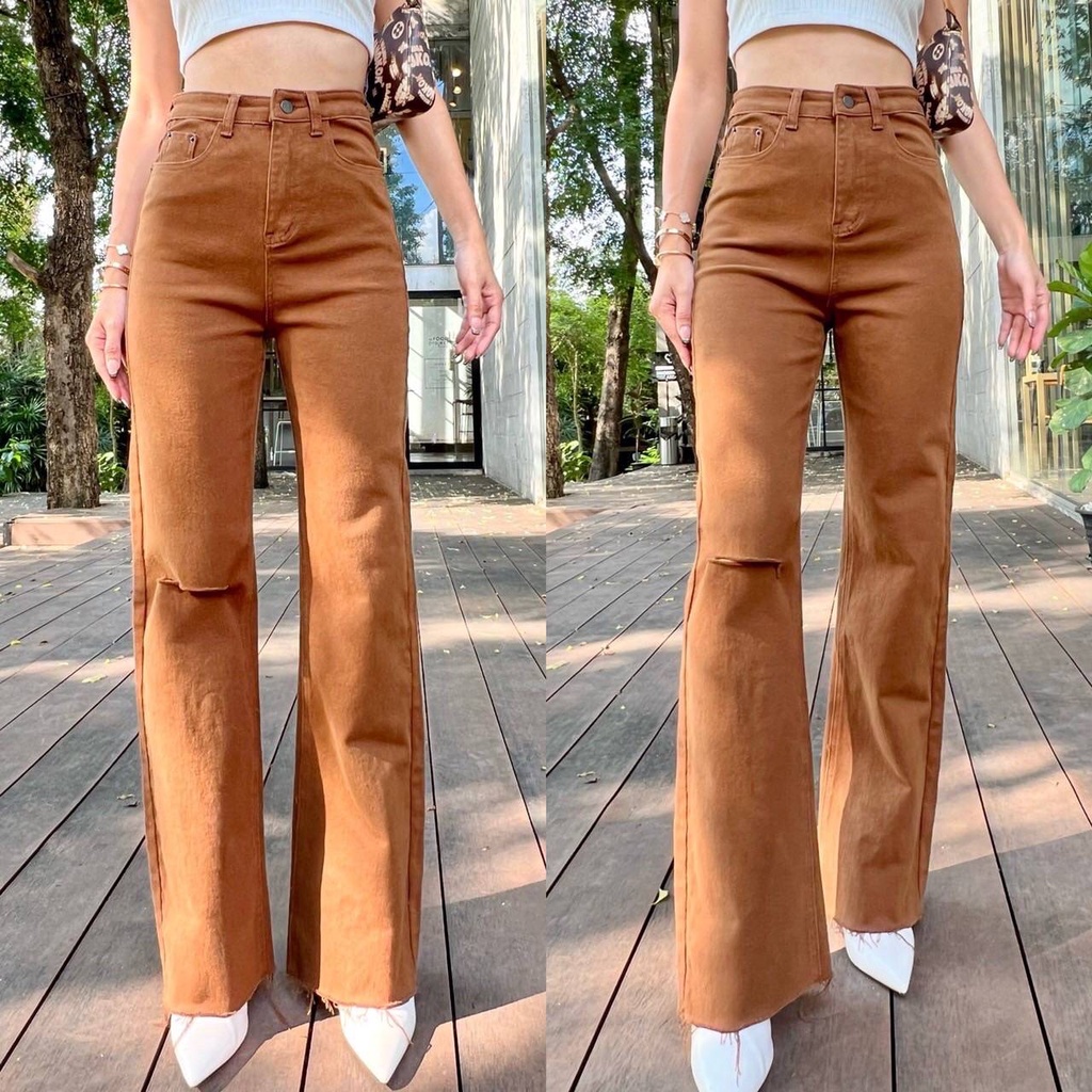 Promthong Jeans กางเกงยีนส์ขายาวทรงขาบานเล็ก แต่งขาดเข่าเบาๆสุดชิค ...