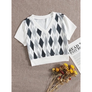 [SIS.SIE พร้อมส่ง] SHEIN เสื้อคอวี ลายขาวหลามตัด light gray