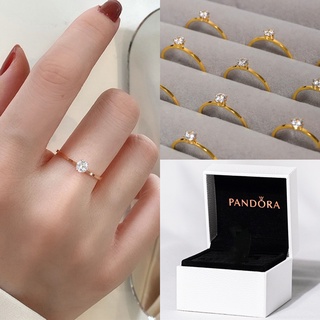 Pandora แหวนเพชรโมอิส สเตนเลส 14K สีทอง พร้อมกล่อง สําหรับผู้หญิง แฟนสาว