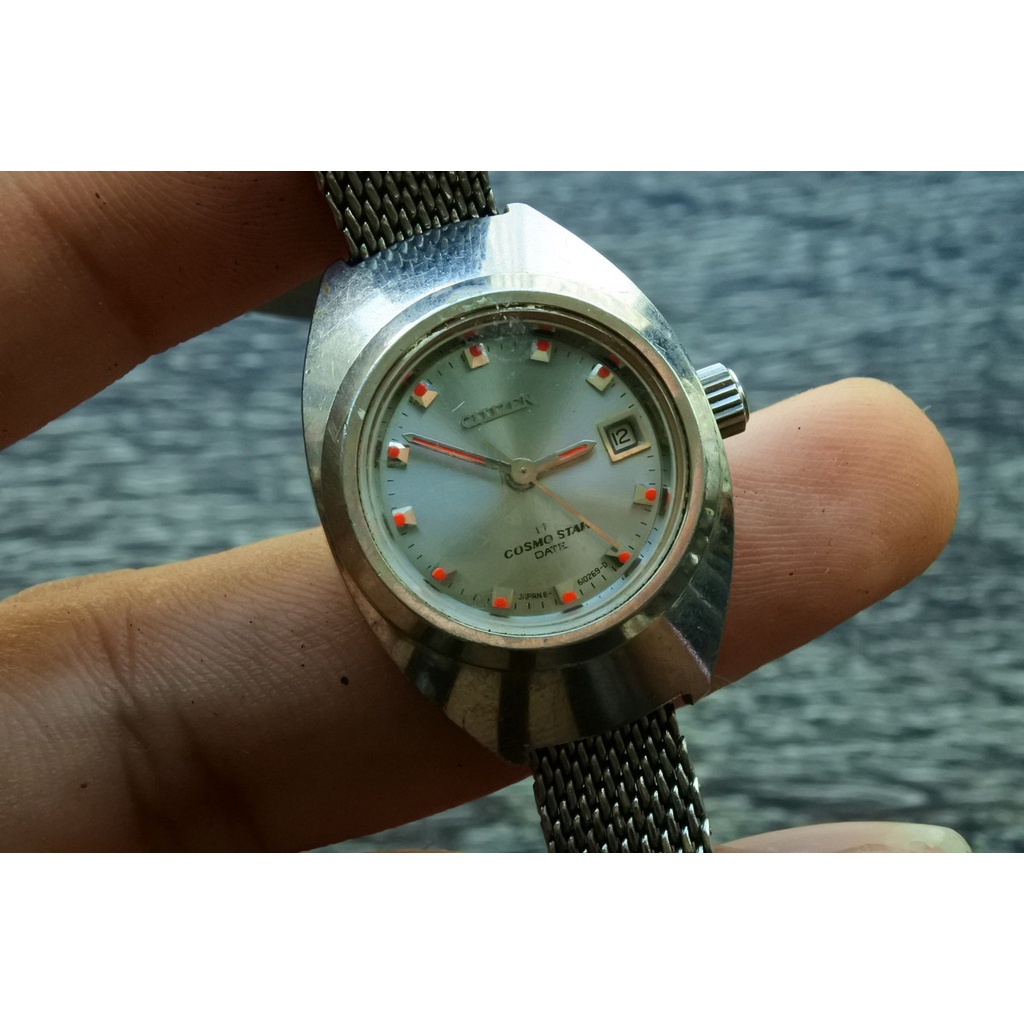 นาฬิกา Vintage มือสองญี่ปุ่น CITIZEN COSMO STAR DATE ระบบ AUTOMATIC ผู้หญิง ทรงกลม กรอบเงิน หน้าเงิน หน้าปัด 27mm