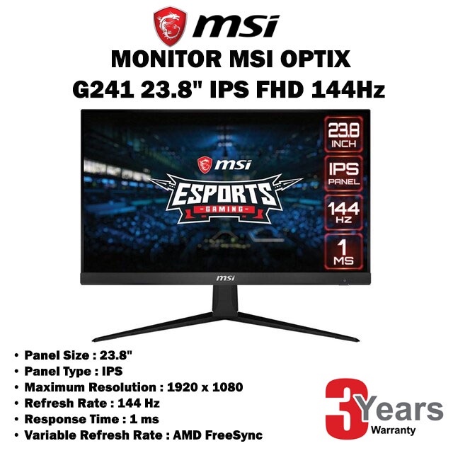 MSI Monitor 23.8'' MSI Optix G241 (IPS, HDMI, DP) FreeSync 144Hz ประกัน 3ปี