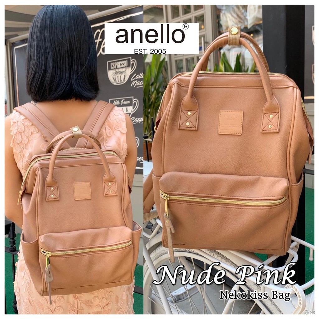 🎒กระเป๋า🎒Nekokissbag Anello แท้100% PU leather Backpack Pink (แถมตุ๊กตา) กระเป๋าเป้สะพายหลัง รุ่นหนังพียู สีน้ำตาลอมช