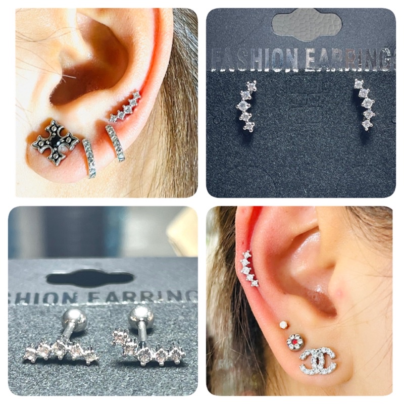 จิวหูเพชรต่างหูเพชรสวิสczแบบเรียงยาวบนใบหู ขนาด2x10mm.ก้านสแตนเลสแท้สำหรับผิวแพ้ง่าย จิวหูเกาหลี จิวหูเพชรczนำเข้า