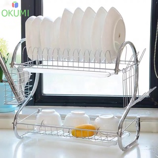 OKUMI_SHOP ที่คว่ำจานสแตนเลส รูปตัวS ขนาด2ชั้น ที่วางจาน มีถาดรองน้ำ