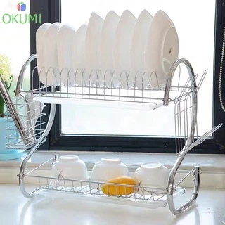 OKUMI_SHOP ที่คว่ำจานสแตนเลส รูปตัวS ขนาด2ชั้น ที่วางจาน มีถาดรองน้ำ