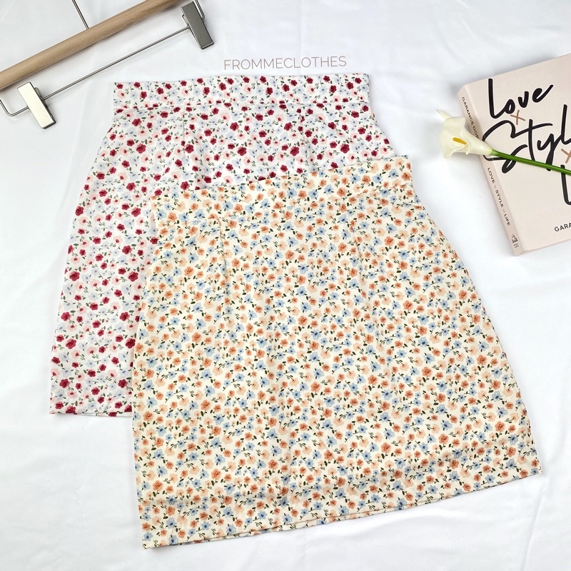 กระโปรงทรงเอผ้าซากุระพิมลายดอก(XS-5XL)