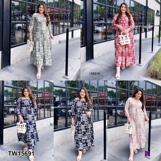 เดรส #Bigsize แขนยาวรูดเอวพิมลาย TT15691 #Bigsize dress, long sleeves, drawstring waist, printed pattern