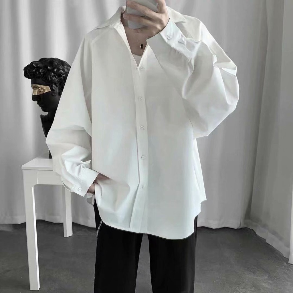 2 สี【 M-3XL 】แฟชั่น เสื้อเชิ้ตแขนยาวผู้ชาย สบาย ๆหลวมสีทึบ เสื้อเชิ้ตสีพื้น