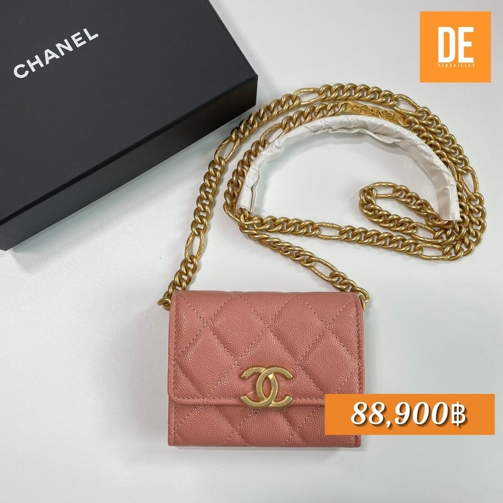 กระเป๋าสะพายข้าง New Chanel card holder with chain มีที่รองบ่า Holo315 GHW caviar  ชมพูตุ่น น่ารักมาก  Fullset with rec"
