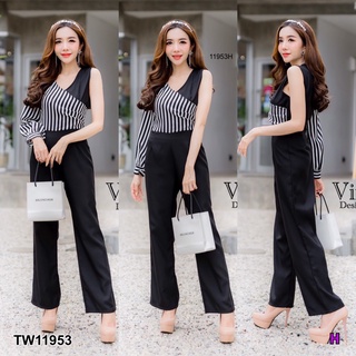 TW11953 จั๊มสูทขายาว เสื้อเฉียงไหล่ลายริ้ว  TW11953 Long-sleeve jumpsuit, slanted shoulder stripe shirt.