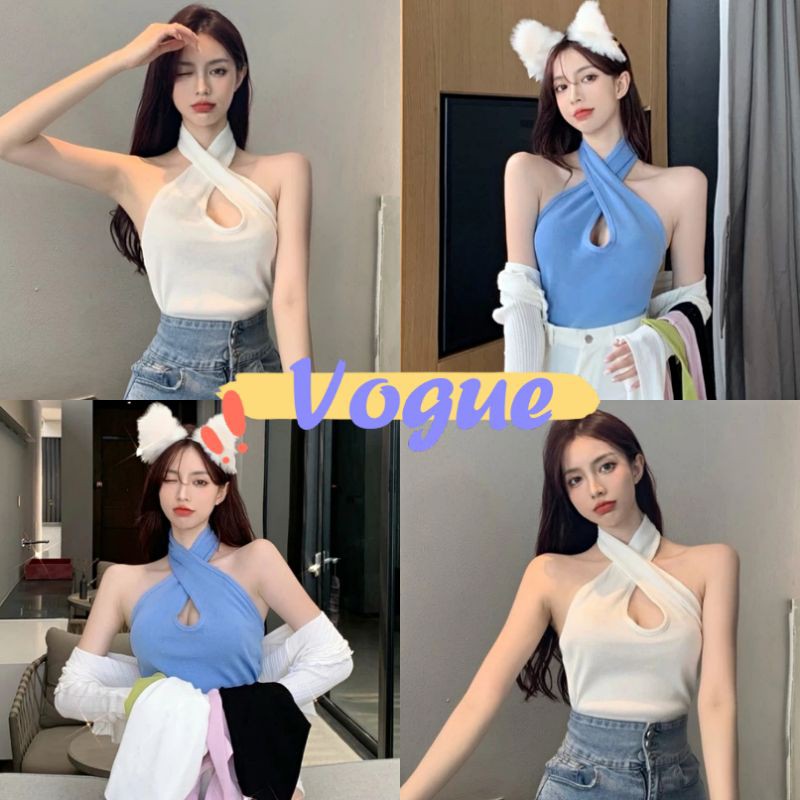 Vogue 🌟พร้อมส่ง🌟เสื้อไหมพรมคล้องคอเซ็กซี่สุดได้🎉ร้านโว๊ก(13025)-NC